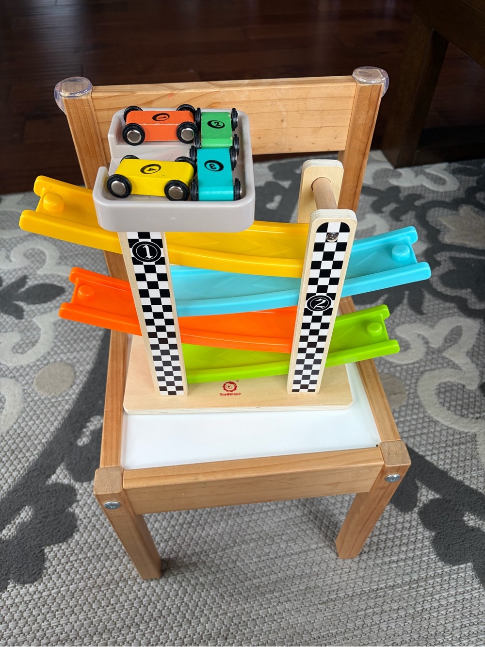Wooden Race Ramp with Colorful Cars by - Multicolor